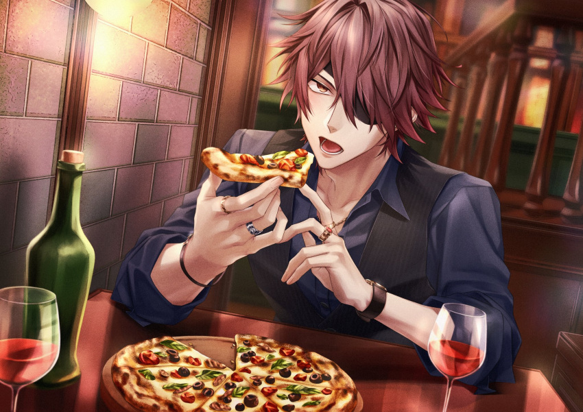 1boy, alcohol, blush, bottle, bracelet, brown_hair, character_request, eating