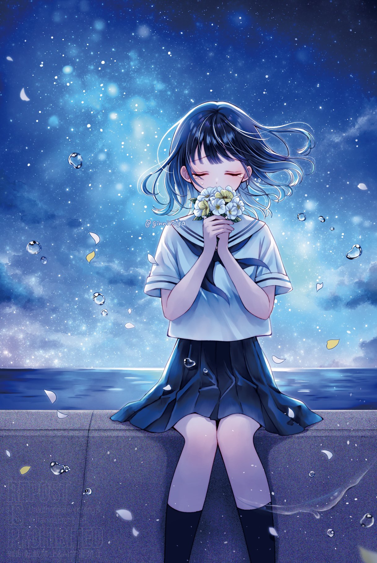1girl, black_hair, black_neckerchief, black_socks, blue_skirt, blush, closed_eyes, commentary_request
