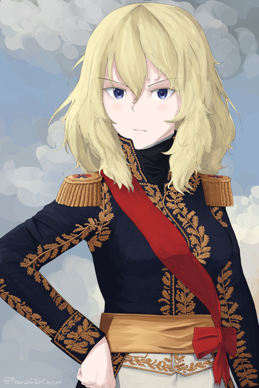 1girl, absurdres, alternate_costume, belt, blonde_hair, blue_eyes, closed_mouth, formal_clothes