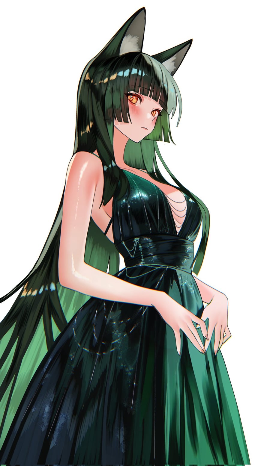 1girl, alternate_costume, animal_ear_fluff, animal_ears, arched_bangs, bare_shoulders, black_hair, blush, breasts, colored_inner_hair, commentary, dress, english_commentary, fingernails, fox_ears, from_side, green_dress, green_hair, highres, hoshimi_miyabi, large_breasts, long_hair, looking_at_viewer, looking_to_the_side, multicolored_hair, red_eyes, sanya_(sanya_lox228), simple_background, sleeveless, sleeveless_dress, solo, very_long_hair, white_background, zenless_zone_zero