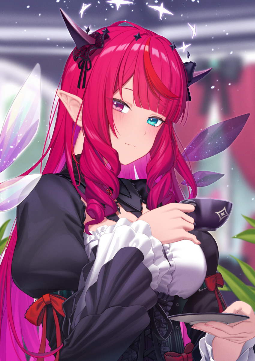 1girl, :3, absurdres, black_shrug, blue_eyes, blunt_bangs, blurry, blurry_background