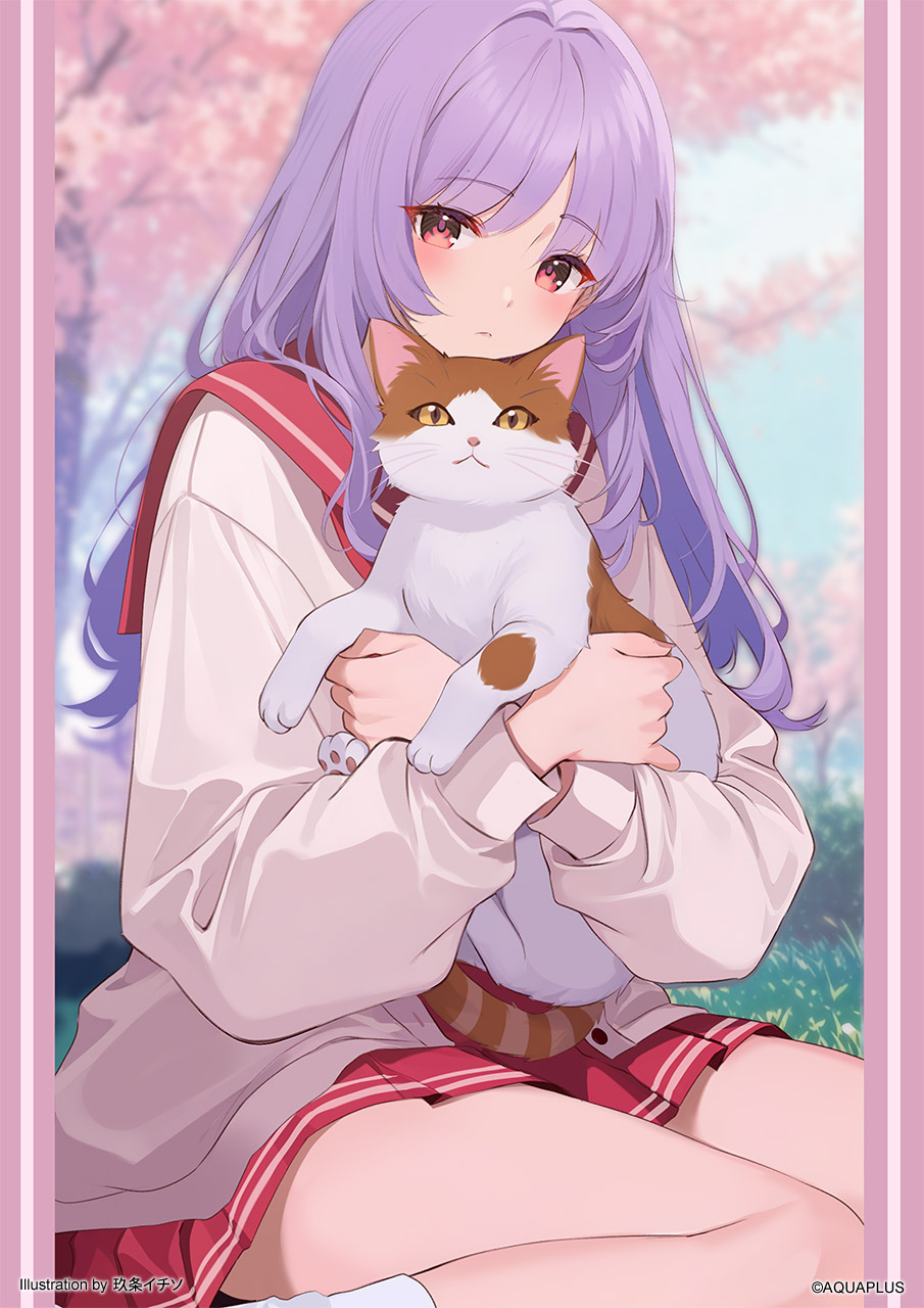 1girl, animal_hug, blush, cat, cherry_blossoms, expressionless, highres, himekawa_kotone