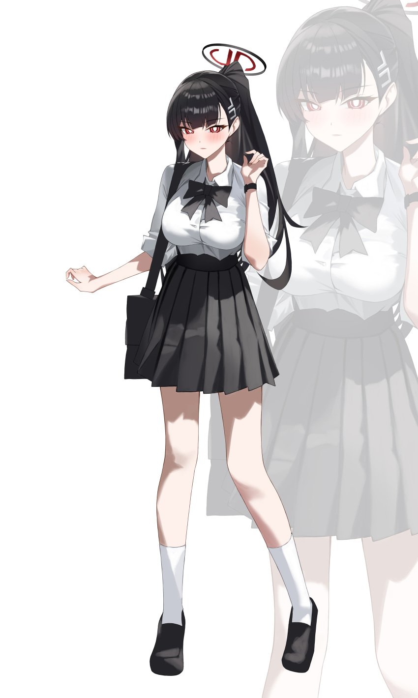 1girl, absurdres, alternate_costume, alternate_hairstyle, black_bow, black_shoes, black_skirt, bllustration