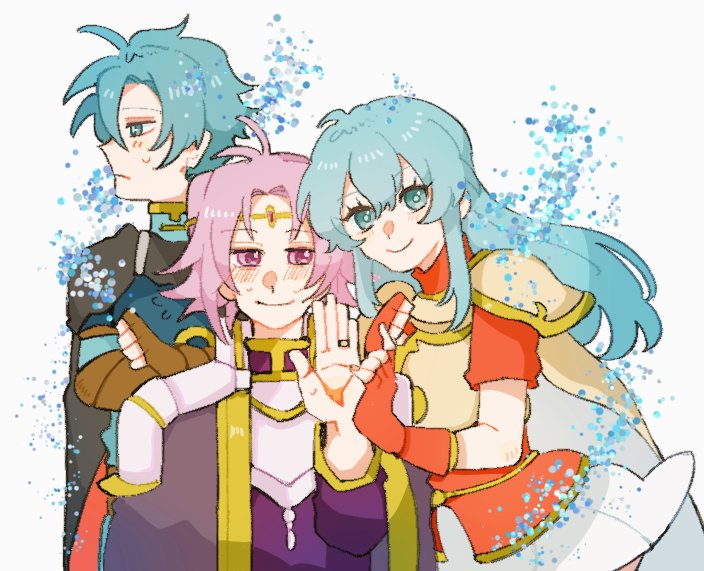 1girl, 2boys, antenna_hair, armor, aura, black_cape, blue_eyes, blue_hair