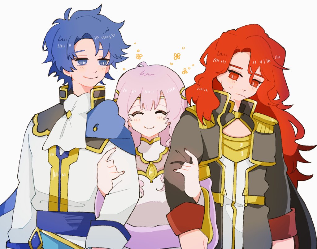 1girl, 2boys, arvis_(fire_emblem), ascot, belt, black_cape, black_coat, blue_belt