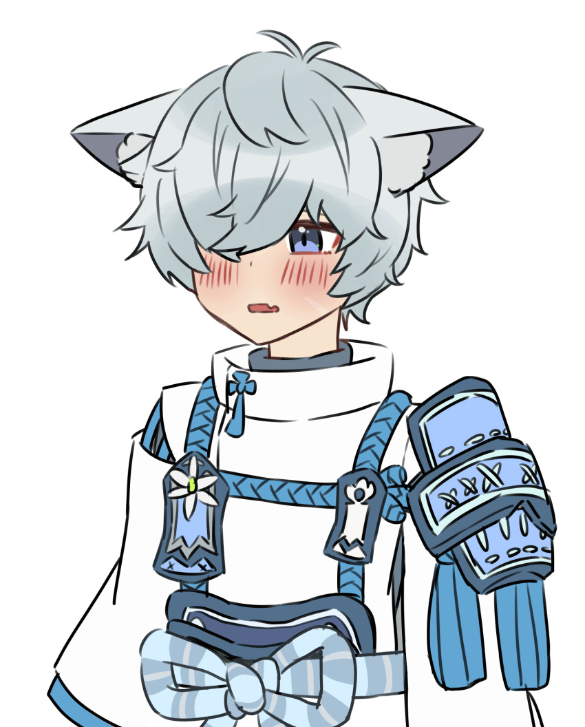 1boy, animal_ears, blue_eyes, blue_rope, blush, fang, fubuki_(rune_factory), grey_hair, highres, japanese_clothes, looking_to_the_side, open_mouth, rope, rune_factory, rune_factory:_guardians_of_azuma, shirt, simple_background, upper_body, white_background, white_shirt, wolf_boy, wolf_ears, yabai_yo_~o