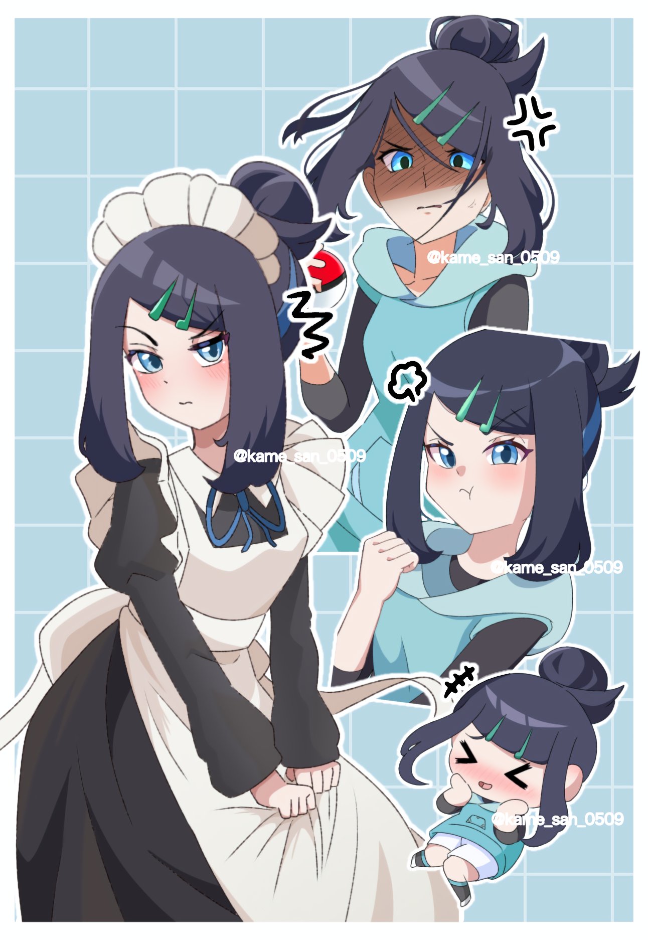 >_<, 1girl, anger_vein, angry, annoyed, apron, black_dress, black_hair