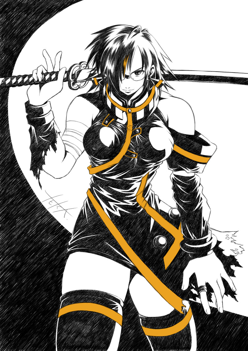 2011, bare_shoulders, black_and_white, dress, glasses, holding_weapon, katana, phantasy_star