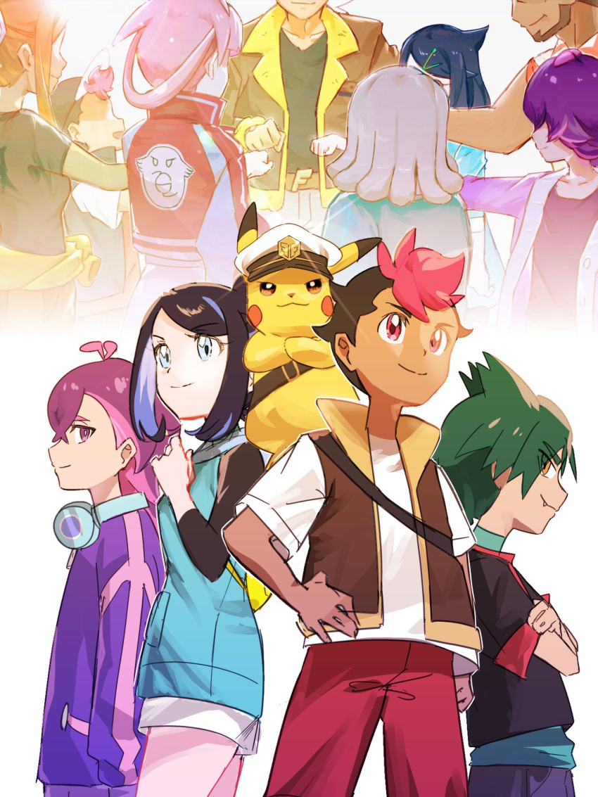 4girls, 5boys, antenna_hair, black_hair, black_jacket, brown_vest, captain_pikachu, closed_mouth