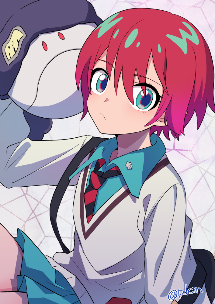1girl, :/, amate_yuzuriha, aqua_eyes, aqua_shirt, aqua_skirt, artist_name, bag