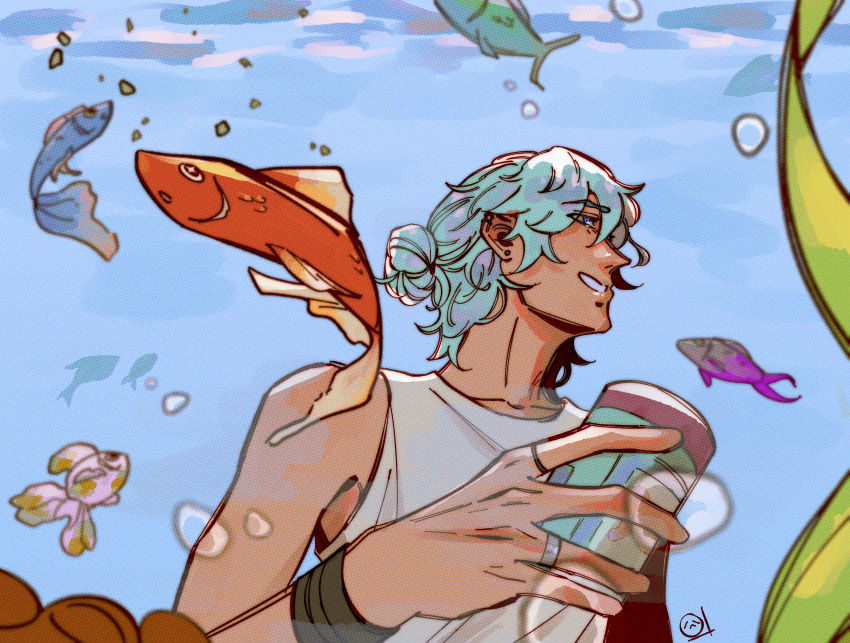 1boy, absurdres, air_bubble, aquarium, blue_eyes, bracelet, bubble, coral, cove_holden, fish, fish_food, green_hair, grin, hair_between_eyes, hair_bun, highres, holding, jewelry, kelp, light_reflection_(water), male_focus, multiple_rings, our_life:_beginnings_and_always, ring, sadlad03, shirt, sleeveless, sleeveless_shirt, smile, solo, tank_top, underwater_shot, upper_body, white_tank_top