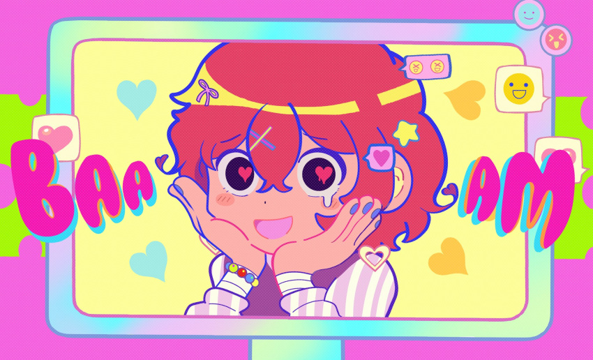 1boy, :d, bandaged_arm, bandages, bead_bracelet, beads, black_eyes, blue_nails