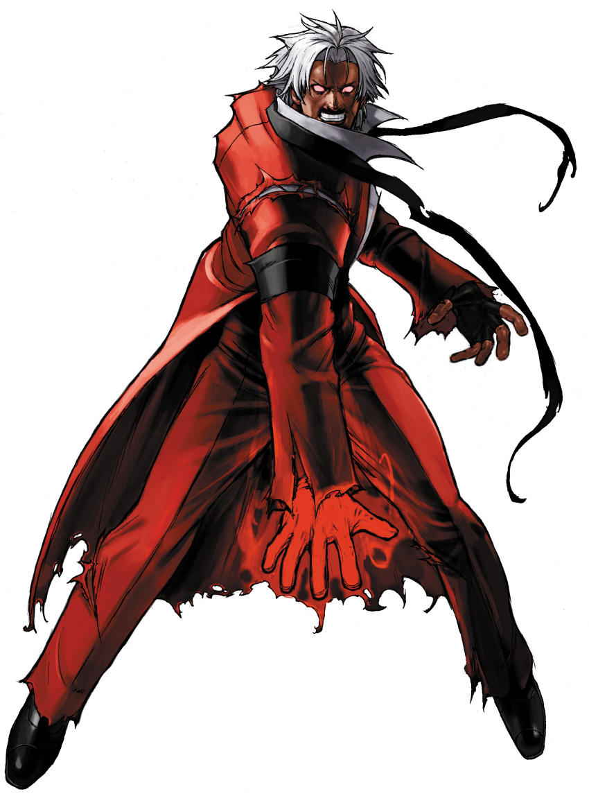 1boy, absurdres, angry, armband, capcom_vs_snk_2, clenched_teeth, dark_persona, energy, facial_hair, fighting_stance, game_cg, glowing, glowing_hand, god_rugal, highres, legs_apart, male_focus, mustache, nishimura_kinu, non-web_source, official_art, red_eyes, red_suit, rugal_bernstein, shirt, snk, suit, teeth, the_king_of_fighters, torn_clothes, torn_shirt, tuxedo, white_hair
