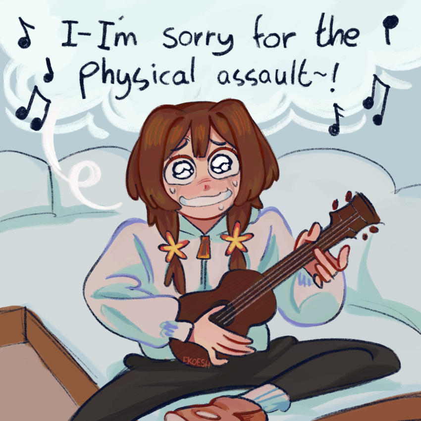 1girl, black_eyes, black_pants, blush, brown_hair, ekoesh, english_text, highres, indoors, instrument, long_sleeves, looking_at_viewer, masaki_(mayonaka_punch), mayonaka_punch, meme, music, pants, playing_instrument, singing, sitting, solo, sweat, ukulele, ukulele_apology_video_(meme), zipper