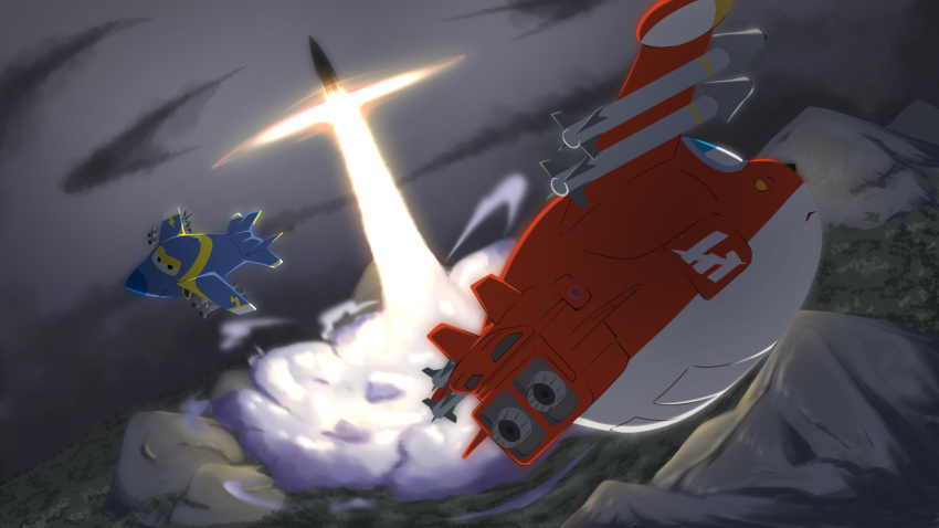 2boys, ace_combat, ace_combat_zero, aerial_battle, aim-9_sidewinder, aircraft, airplane, ballistic_missile, battle, dogfight, furgit, highres, jerome_(super_wings), jett_(super_wings), mecha, multiple_boys, no_humans, non-web_source, robot, super_wings, unmanned_aerial_vehicle