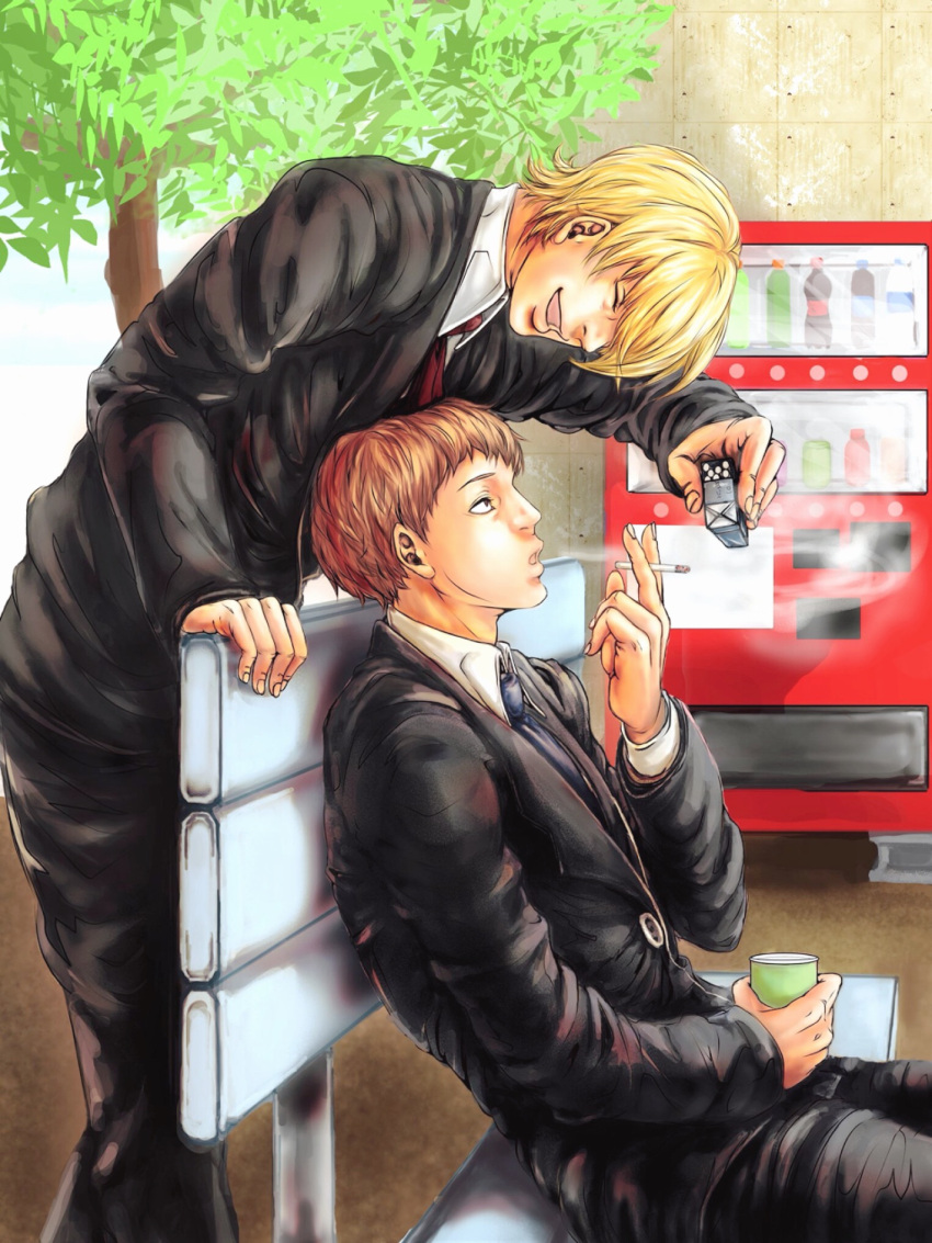 cigarette, formal_clothes, hirako_take, itou_kuramoto, male, park_bench