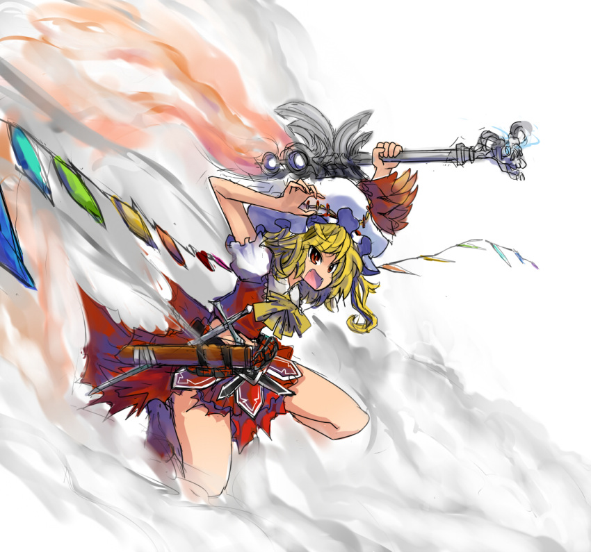 belt, blonde_hair, cloud, clouds, dress, flandre_scarlet, hat, kneeling