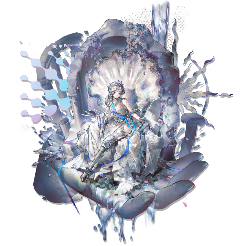 1girl, absurdres, architecture, arknights, armor, armored_boots, armored_dress, boots