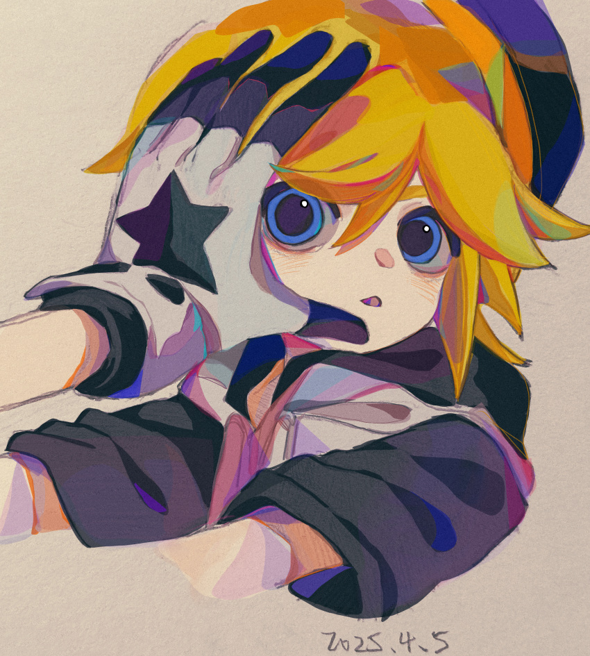 2boys, :o, absurdres, aotu_world, black_gloves, black_hat, blonde_hair, blue_eyes, blush, chinese_commentary, dated, gloves, grey_(aotu_world), hair_between_eyes, hand_on_another's_cheek, hand_on_another's_face, hand_on_another's_head, hat, highres, hood, hood_down, hoodie, implied_yaoi, king_(aotu_world), looking_at_viewer, male_focus, multicolored_hoodie, multiple_boys, muluo64829, open_mouth, out_of_frame, painting_(medium), pov, pov_hands, short_hair, short_sleeves, simple_background, solo_focus, spiky_hair, star_(symbol), traditional_media, upper_body, white_gloves, white_hoodie