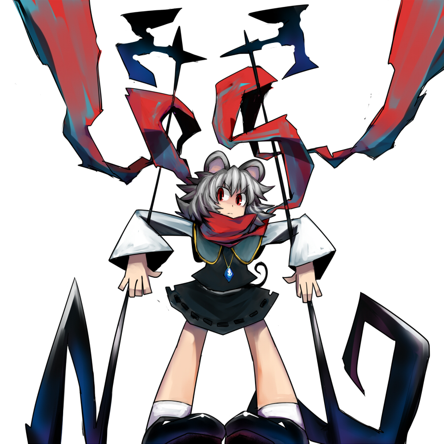 albino, animal_ears, dowsing_rod, dress, grey_hair, jewelry, mouse_ears, nanban_teishoku