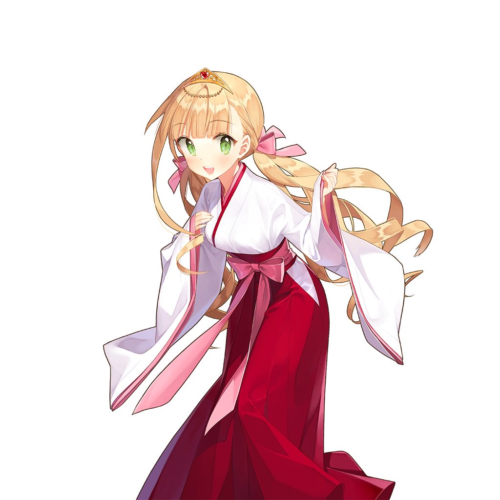 1girl, blonde_hair, blunt_bangs, gold_tiara, green_eyes, japanese_clothes, lina_princella, long_hair