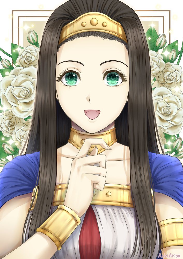 1girl, :d, aoki_arisa, armlet, blue_cape, border, bracelet, brown_hair