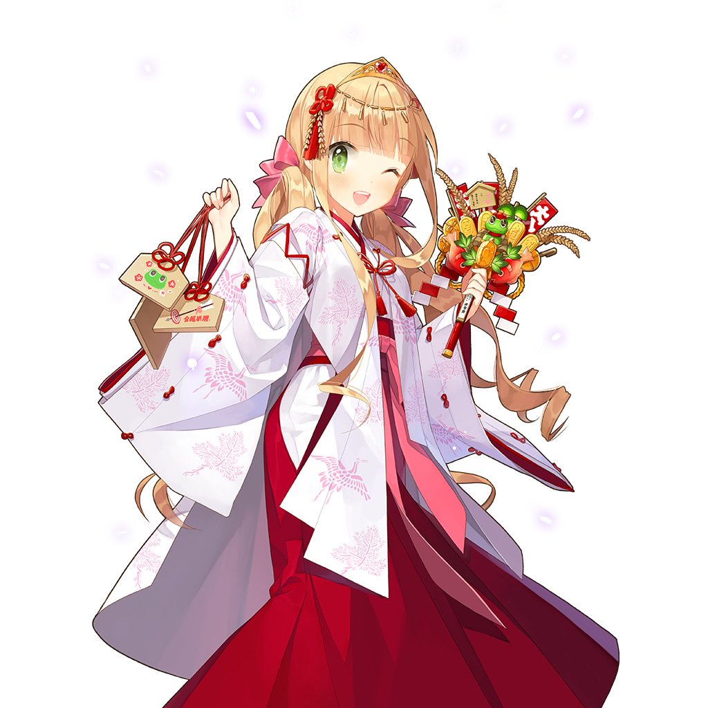 1girl, blonde_hair, blunt_bangs, gold_tiara, green_eyes, holding_ema, japanese_clothes, lina_princella