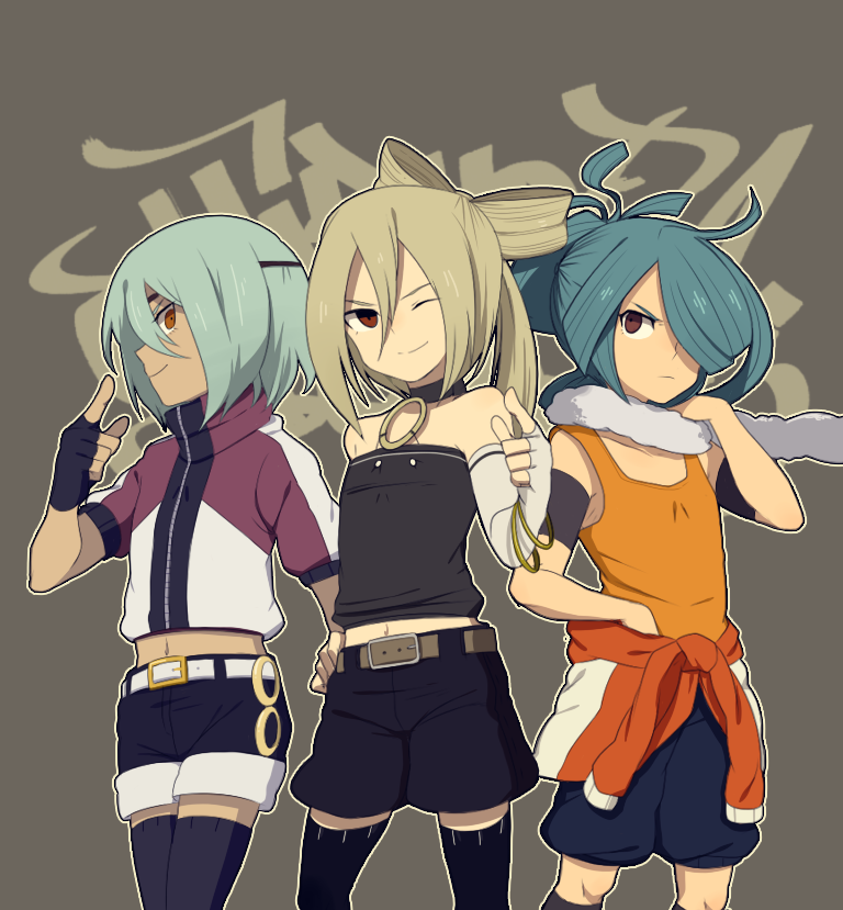 afuro_terumi, alternate_costume, alternate_hairstyle, bad_id, bare_shoulders, blonde_hair, blue_hair, brown_eyes