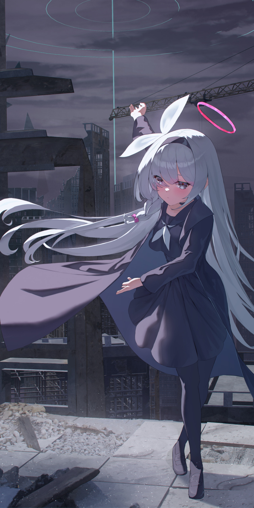 1girl, absurdres, black_coat, black_hairband, black_pantyhose, black_serafuku, black_shirt, black_skirt, blue_archive, box_(bagsang59049289), closed_mouth, clouds, cloudy_sky, coat, crane_(machine), full_body, grey_eyes, grey_hair, hairband, halo, highres, long_hair, looking_ahead, neckerchief, open_clothes, open_coat, outdoors, pantyhose, pink_halo, plana_(blue_archive), pose_request, school_uniform, serafuku, shirt, skirt, sky, solo, standing, white_neckerchief