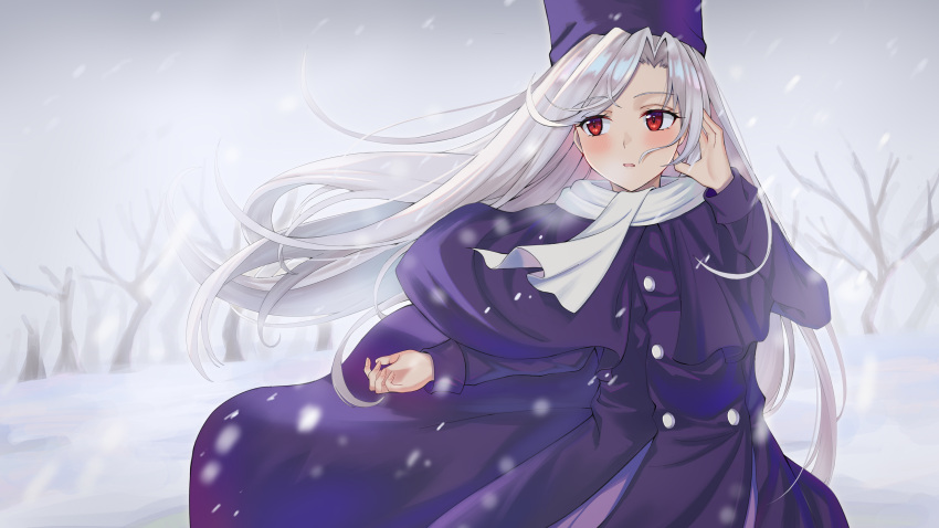 1girl, blurry, blurry_background, coat, english_commentary, fate/stay_night, fate_(series), hat, highres, illyasviel_von_einzbern, jishui3q, long_hair, long_sleeves, looking_to_the_side, outdoors, purple_coat, purple_hat, purple_skirt, red_eyes, scarf, skirt, snowing, solo, white_hair, white_scarf, winter