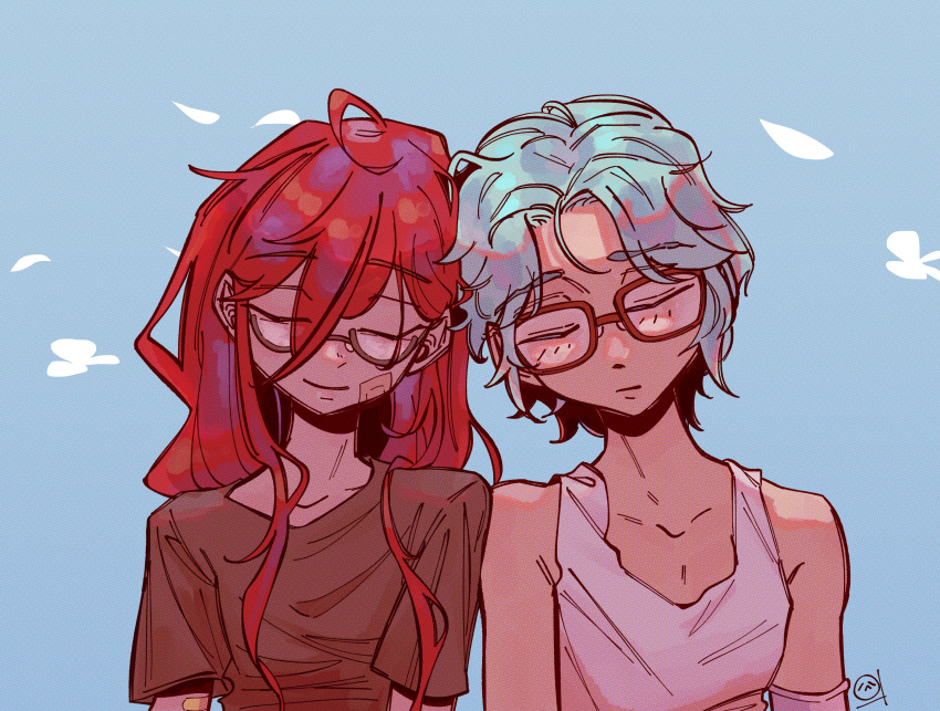 1boy, 1girl, absurdres, aegyo_sal, arm_cast, blue_background, brown_shirt, closed_eyes, collarbone, cove_holden, curtained_hair, double-parted_bangs, falling_petals, floating_flowers, flower, glasses, green_hair, hair_between_eyes, hair_over_shoulder, happy, highres, leaning_on_person, leaning_to_the_side, light_smile, long_hair, main_character_(our_life), our_life:_beginnings_and_always, petals, poppy_(flower), red_hair, sadlad03, shirt, sidelocks, smile, t-shirt, tank_top, upper_body, very_long_hair, white_tank_top