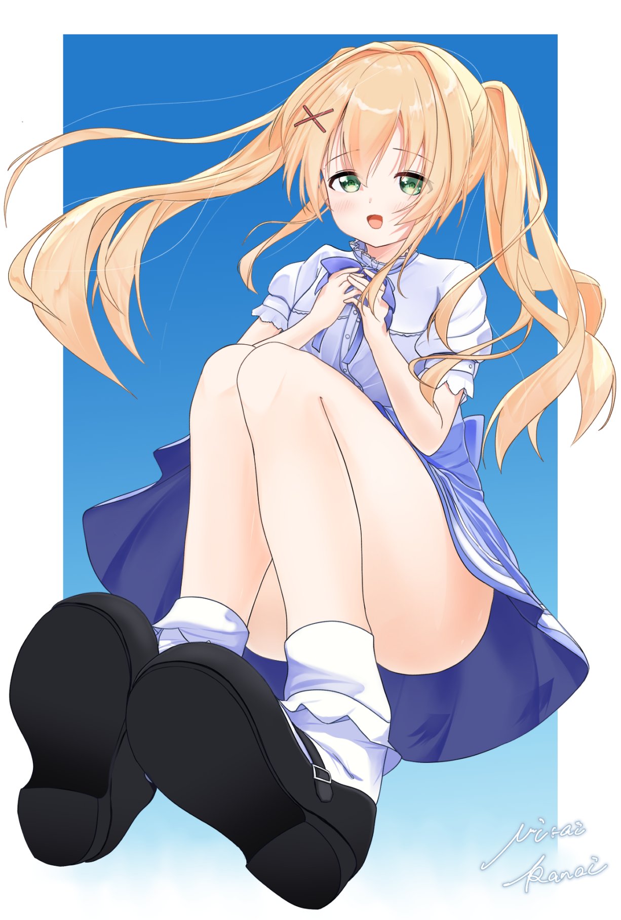1girl, :d, back_bow, black_shoes, blonde_hair, blue_background, blue_bow, blue_bowtie