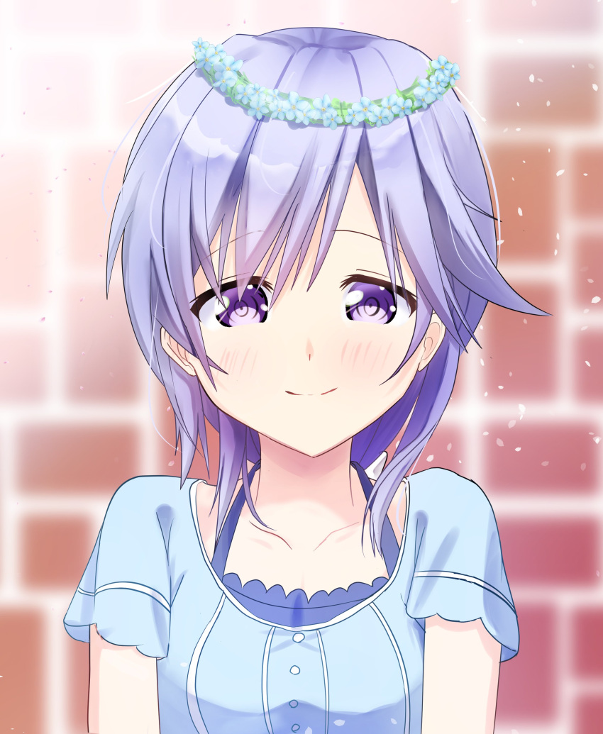 1girl, absurdres, blue_dress, blue_flower, blurry, blurry_background, blush, brick_wall