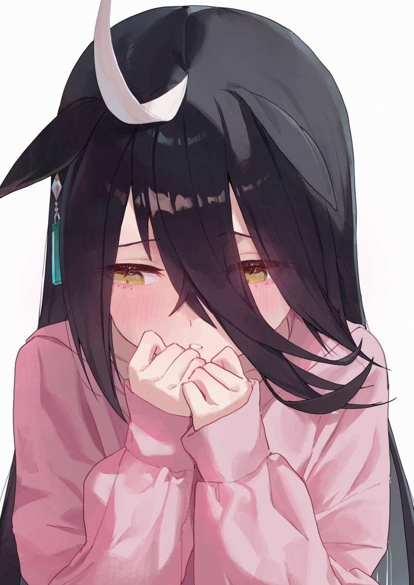 1girl, ahoge, amano_kokoko, animal_ears, black_hair, blush, commentary_request, hair_between_eyes