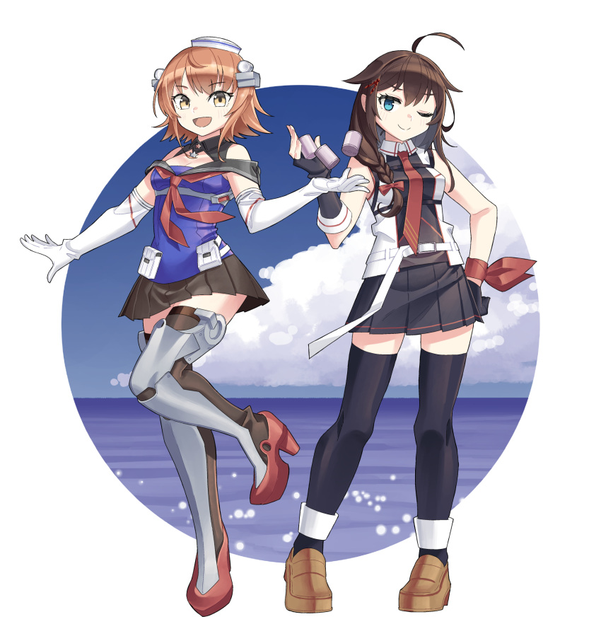 2girls, ahoge, black_gloves, black_skirt, black_thighhighs, blue_eyes, boots, breasts