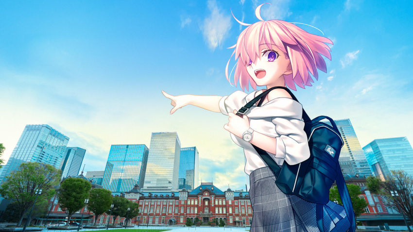 1girl, backpack, bag, blue_sky, breasts, building, checkered_clothes, checkered_skirt