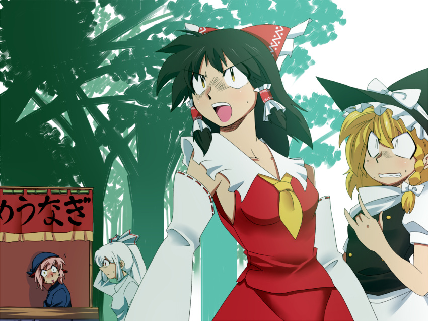 fujiwara_no_mokou, ghost_sweeper_mikami, hakurei_reimu, kirisame_marisa, multiple_girls, mystia_lorelei, okamisty, parody, shiina_takashi_(style), style_parody, taitaitaira, touhou