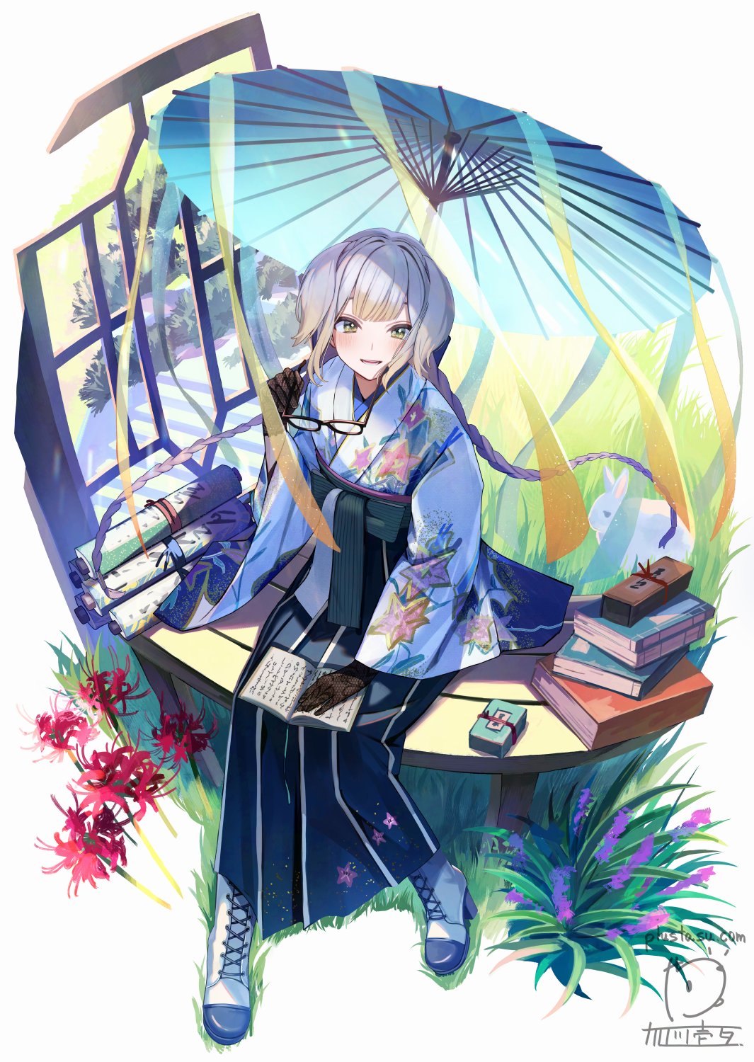 1girl, black_gloves, blue_kimono, book, book_stack, boots, braid, commentary_request