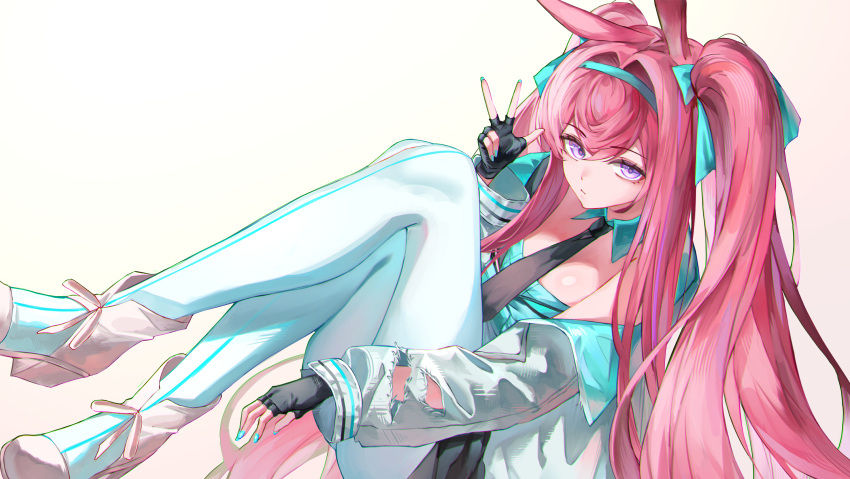 1girl, absurdres, animal_ears, aqua_boots, aqua_collar, aqua_hairband, aqua_jacket, aqua_leggings