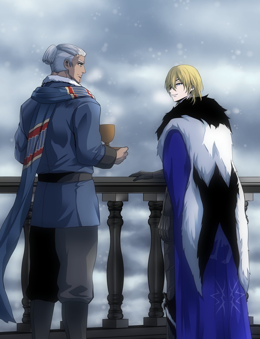 2boys, armor, belt, black_armor, black_belt, black_fur, black_pants, blonde_hair
