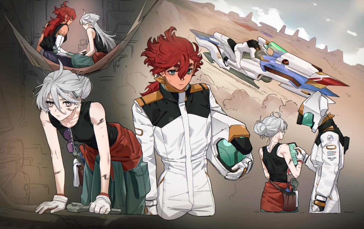 2girls, alternate_universe, baesong, cropped_legs, desert, gloves, green_eyes, grey_eyes, gundam, gundam_suisei_no_majo, hair_bun, hammock, helmet, hill, holding, holding_helmet, holding_wrench, long_hair, mechanic, miorine_rembran, multiple_girls, outdoors, prosthesis, red_hair, serious, shirt, sleeveless, sleeveless_shirt, suletta_mercury, tablet_pc, thick_eyebrows, white_hair, wrench