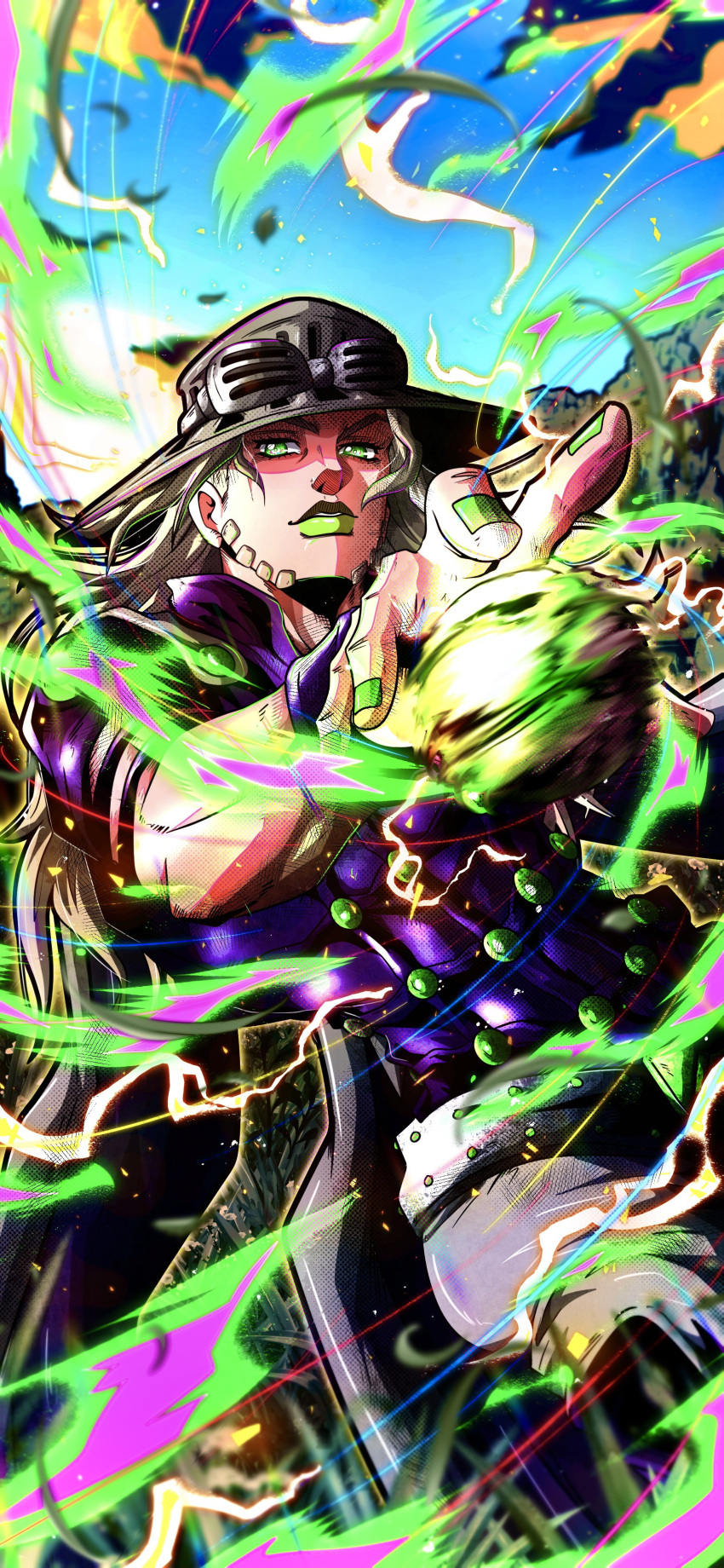 1boy, absurdres, aura, belt, blonde_hair, cape, electricity, goggles