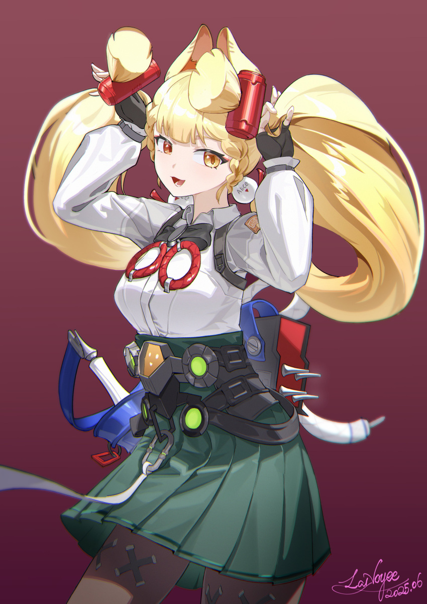 1girl, absurdres, alice_thymefield, animal_ears, black_bow, black_bowtie, black_gloves, black_pantyhose, blonde_hair, bow, bowtie, collared_shirt, cowboy_shot, fingerless_gloves, gloves, green_skirt, hair_ornament, hand_in_own_hair, heterochromia, highres, lanoyee, long_hair, pantyhose, pleated_skirt, pom_pom_(clothes), pom_pom_hair_ornament, shirt, skirt, smile, twintails, white_shirt, zenless_zone_zero