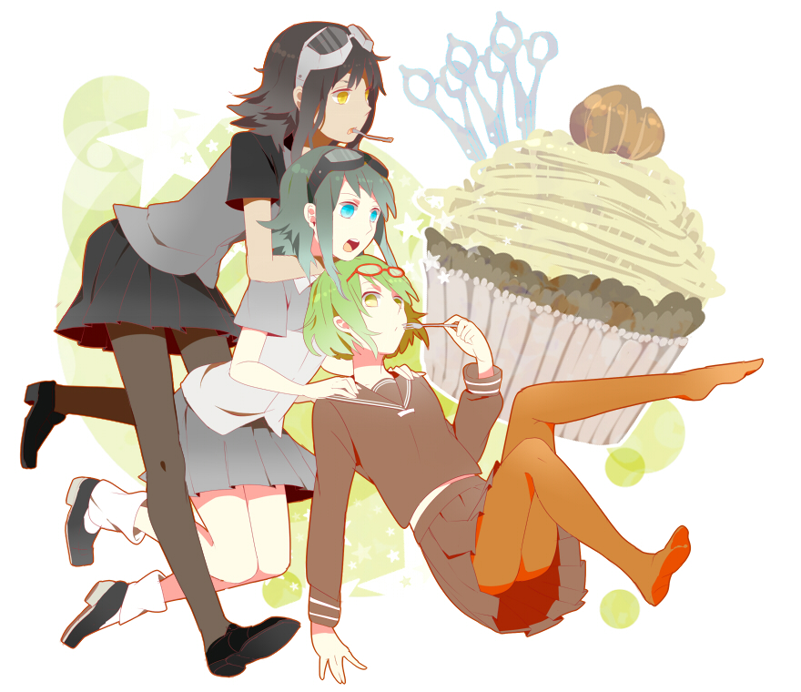 al_(arupaka), aqua_eyes, aqua_hair, black_hair, black_legwear, cake, crossover, dessert, feet, food, fork, glasses, glasses_on_head, goggles, goggles_on_head, green_eyes, green_hair, gumi, mosaic_roll_(vocaloid), multiple_girls, multiple_persona, orange_legwear, pantyhose, school_uniform, serafuku, short_hair, skirt, vocaloid, yellow_eyes, yowamushi_mont-blanc_(vocaloid)
