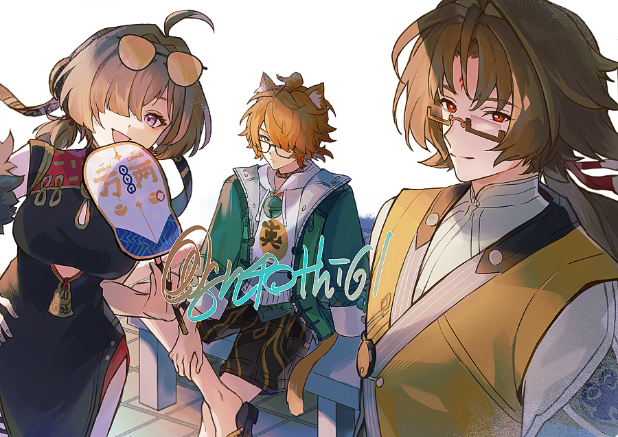 1girl, 2boys, ahoge, black_shorts, blonde_hair, brown-framed_eyewear, cat_boy, china_dress
