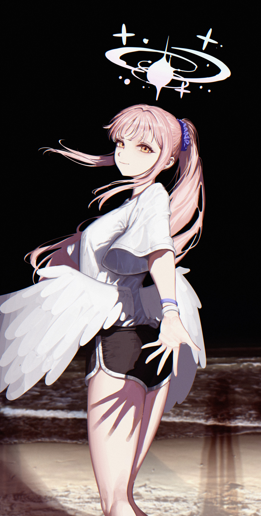 1girl, absurdres, alternate_costume, alternate_hairstyle, black_shorts, blue_archive, bracelet, chojja, closed_mouth, feathered_wings, from_behind, hair_ornament, hair_scrunchie, highres, jewelry, long_hair, looking_at_viewer, mika_(blue_archive), multiple_bracelets, pink_hair, ponytail, purple_scrunchie, scrunchie, shirt, short_shorts, short_sleeves, shorts, sidelocks, smile, solo, t-shirt, white_shirt, wings, yellow_eyes