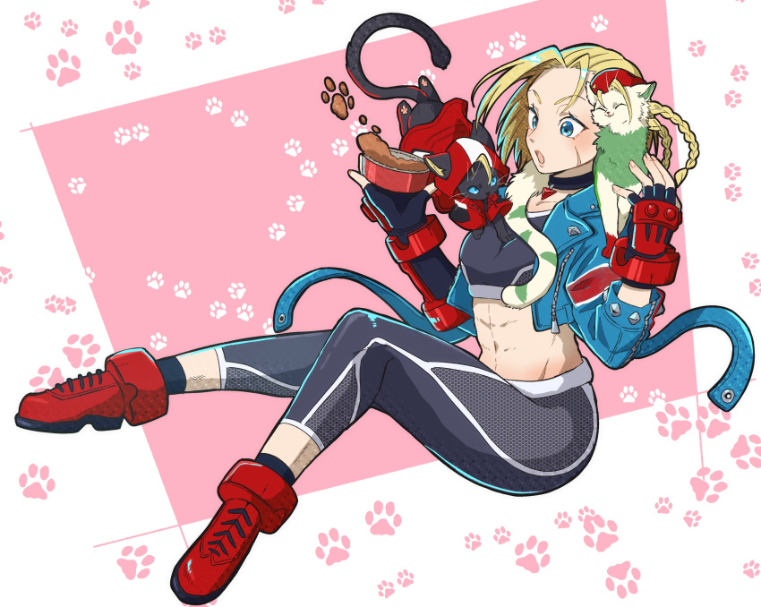 1boy, abs, absurdres, animal_on_shoulder, blonde_hair, blue_jacket, cammy_white, cammy_white_(cosplay), cat, cosplay, crop_top, cropped_jacket, highres, jacket, kabeuchi_hs, paw_print, paw_print_background, pendant_choker, pet_food, red_shoes, shoes, street_fighter, street_fighter_6, toned, toned_female, vambraces
