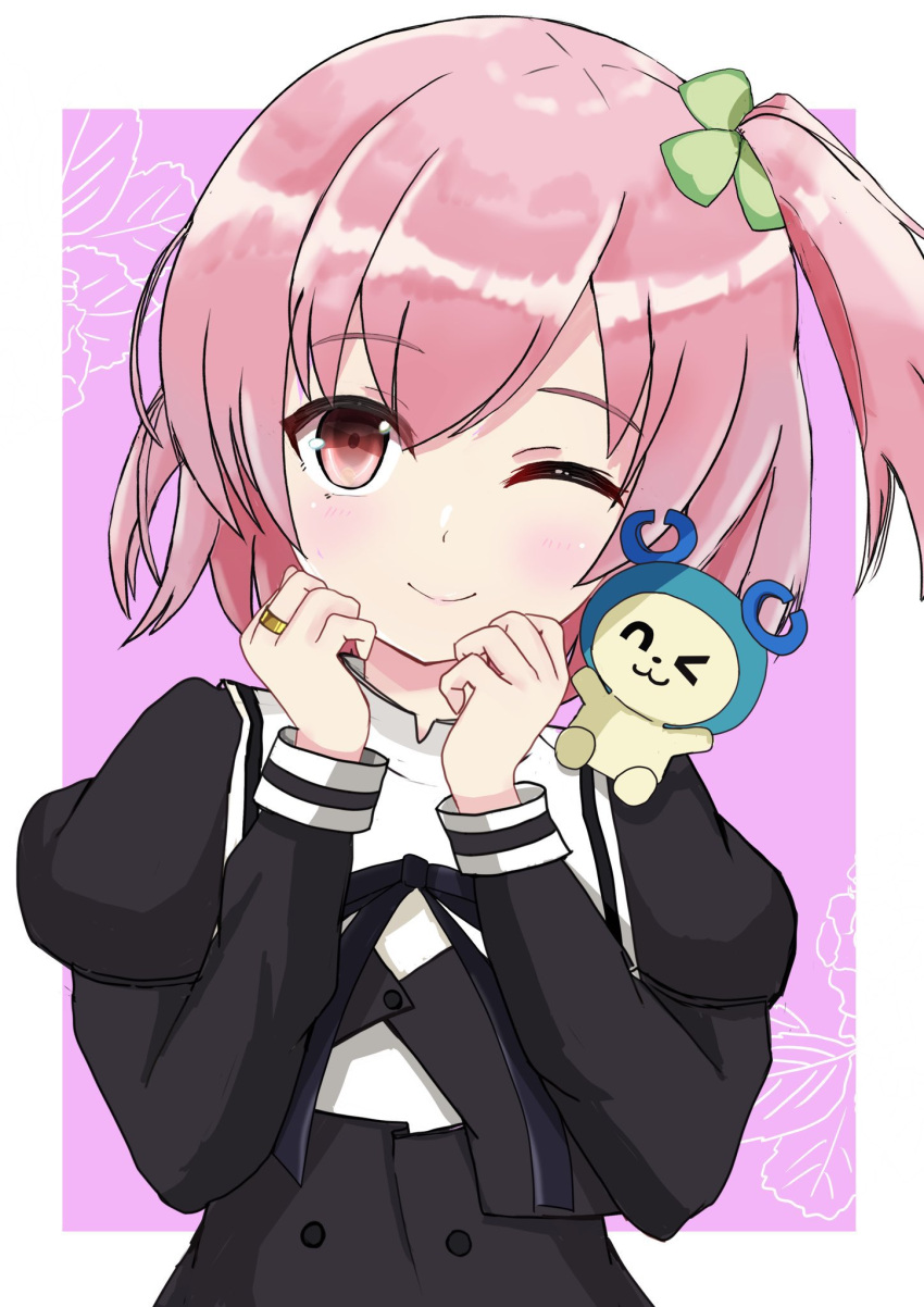 1girl, ;), assault_lily, black_ribbon, black_skirt, blush, border, buttons, character_doll, charmy_(assault_lily), closed_mouth, clover_hair_ornament, commentary_request, cropped_jacket, doll, ekakisyun, floral_background, four-leaf_clover_hair_ornament, hair_ornament, hands_on_own_chin, hands_up, high-waist_skirt, highres, hitotsuyanagi_riri, jewelry, juliet_sleeves, long_sleeves, looking_at_viewer, neck_ribbon, one_eye_closed, one_side_up, outside_border, pink_eyes, pink_hair, puffy_sleeves, purple_background, ribbon, ring, school_uniform, short_hair, skirt, smile, solo, stuffed_toy, upper_body, white_border, yurigaoka_girls_academy_school_uniform