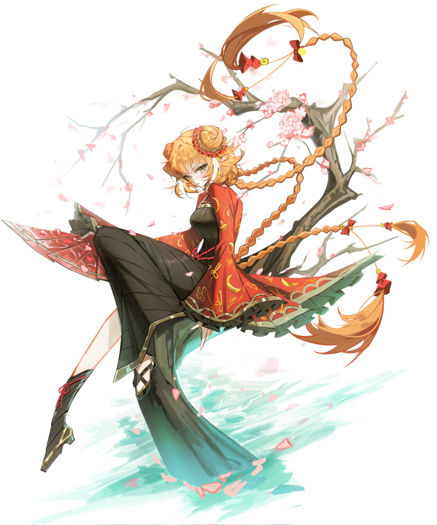 1girl, black_dress, chinese_clothes, dress, ellen6468, highres, ishmael_(project_moon), jia_xichun_(project_moon), limbus_company, long_hair, looking_at_viewer, official_alternate_costume, official_alternate_hairstyle, orange_eyes, orange_hair, project_moon, red_dress, solo, twin_braids, twintails, two-tone_dress, white_background