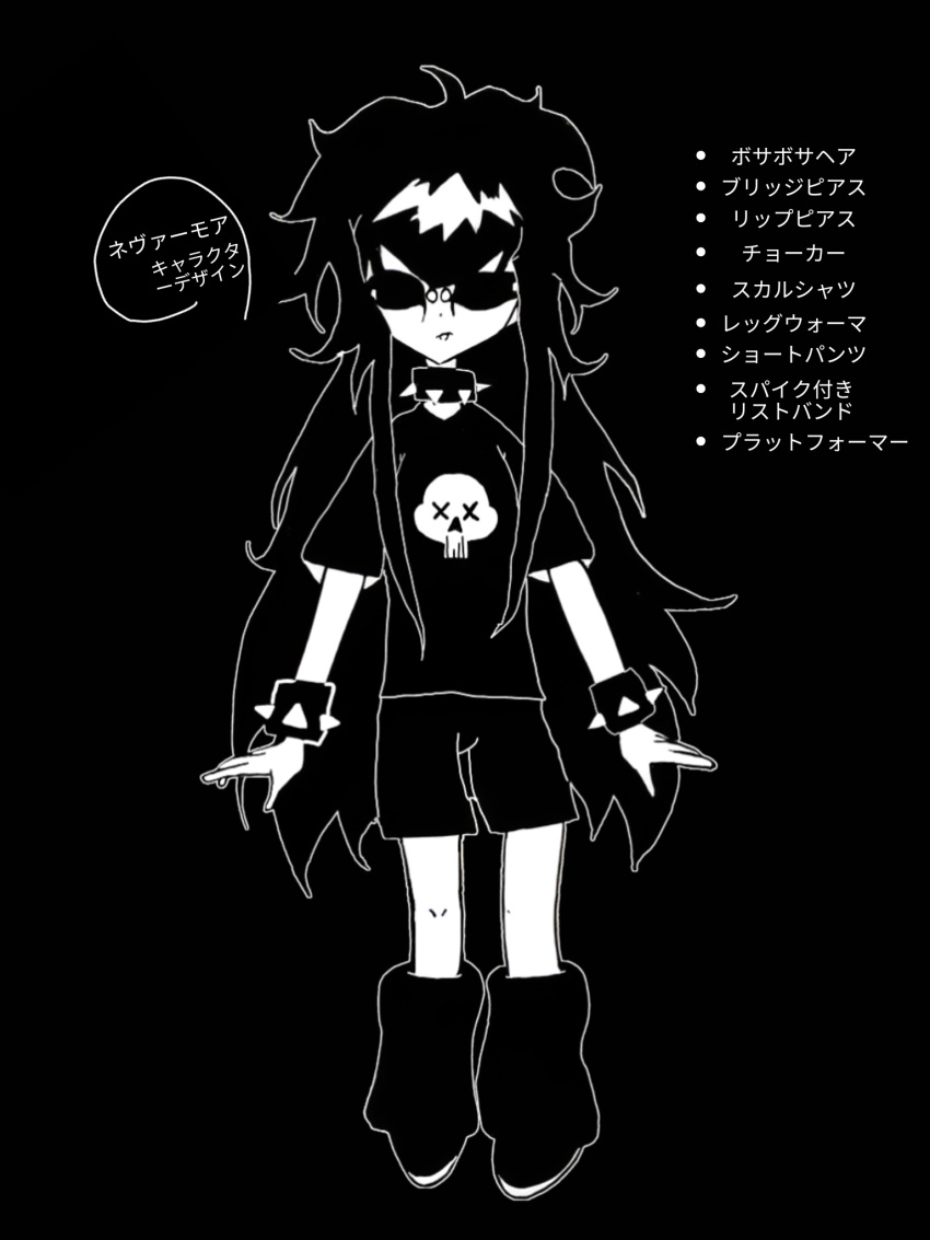 bridge_piercing, choker, face_piercing, goth_fashion, greyscale, highres, leg_warmers, mall_goth, messy_hair, monochrome, mouth_piercing, multicolored_hair, piercing, shorts, shyne_morales, spiked_choker, spikes, streaked_hair